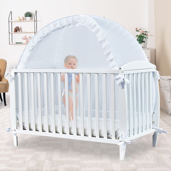 South to East Baby Crib Tent Safety Net, Pop Up Crib Tent to Keep Baby from Climbing Out, Breathable Soft Mesh Crib Cover, Strong & Firm X Design Mosquito Net, White Crib Tent Canopy to Keep Baby in