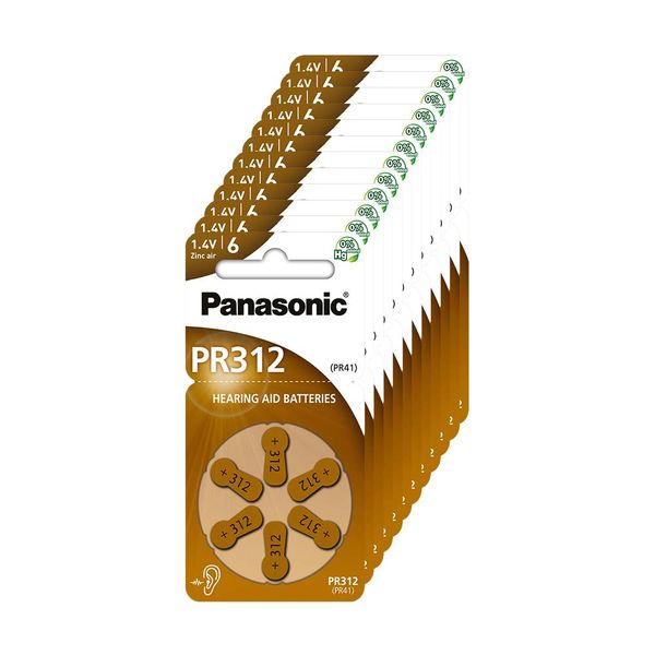 Panasonic PR312 Zinc Air batteries for hearing aids, type 312, 1.4V, hearing aid batteries, 10 packs (60 batteries) brown