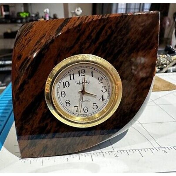 OBSIDIAN BROWN & BLACK NATURAL STONE QUARTZ DESK CLOCK