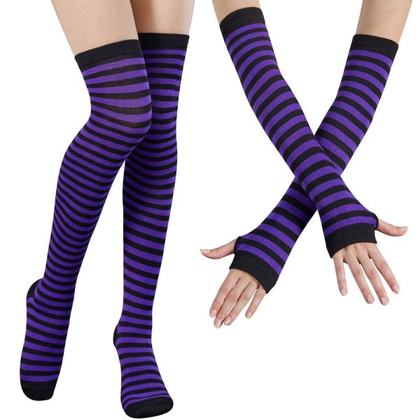 DRESHOW Womens Socks Striped Knee High Socks Arm Warmer Fingerless Gloves Set