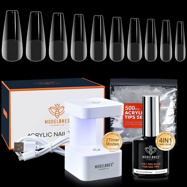 MODELONES Nail Tips and Glue Gel Kit, Gel x Nail Kit 15ML 4 In 1 Nail Glue Gel with 500Pcs Half Matte Coffin Nails and U V LED Nail Lamp Fast Nail Extension Set, Transparent, 7 ml