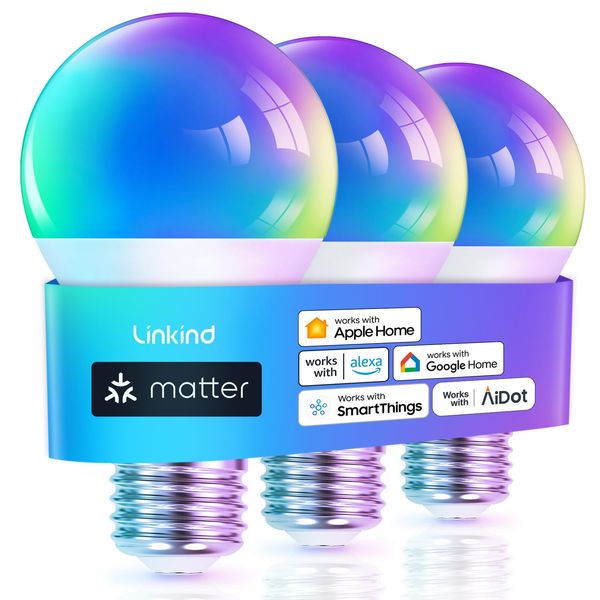 Linkind Matter Smart RGBTW Bulb, Smart Light Bulbs Work with Apple Home, Siri, Google Home, Alexa, SmartThings, Color Changing Light Bulbs Music Sync, Mood Lights, 2.4Ghz WiFi A19 E26 60W 800LM 3 Pack