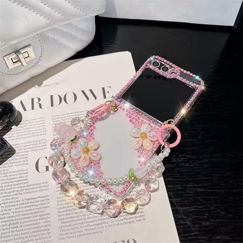 Szakdws Sparkle Case for Moto Razr 2024 with Chain,Women Girls Cute Bling Glitter Case Flower Pearl Diamond Crystal Rhinestone 3D Handmade with Bracelet Wristband Strap Keychain(Pink)