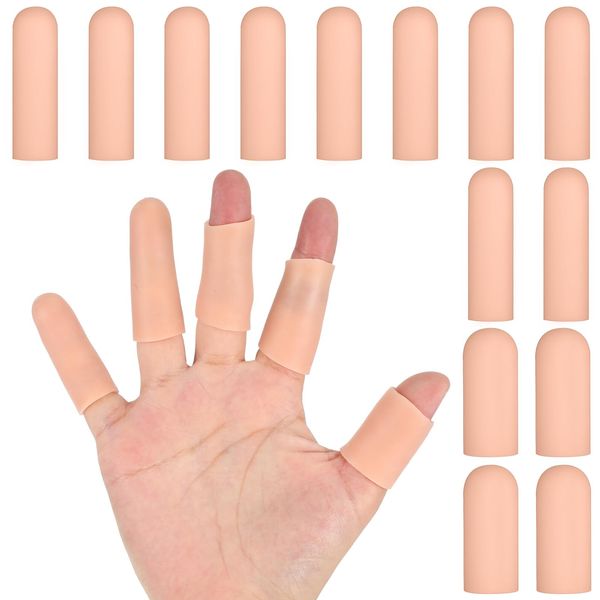 Thinp 14 Pcs Silicone Finger Cots,Finger Protectors Silicone Gel Cover Sleeves Gloves Caps Waterproof Finger Sleeves for Relief from Pain of Finger Tips Cracked Finger Friction(Skin Color)