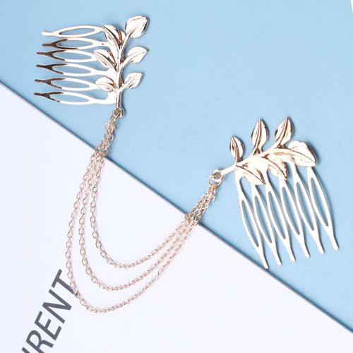 Inilbran Boho Leaf Chain Comb Gold Chain Tassel Hair Comb Clip Olive Branch Side Comb Headpiece Vintage Leaf Hairpiece Comb Multilayer Tassel Chain Leaf Hair Clip for Women and Girls