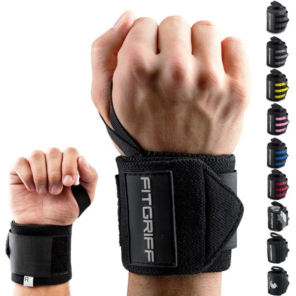 Fitgriff® Handgelenk Bandagen [Wrist Wraps] 45cm Handgelenkbandage für Fitness, Handgelenkstütze, Bodybuilding, Kraftsport & Crossfit (Schwarz)