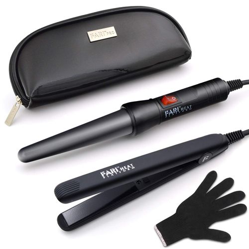 FARI Travel Curling Iron and Mini Straightener 2 in 1 Kit, Ceramic Tourmaline Curling Irons and Hair Straightener Set, Heat Resistant Glove and Travel Case Included