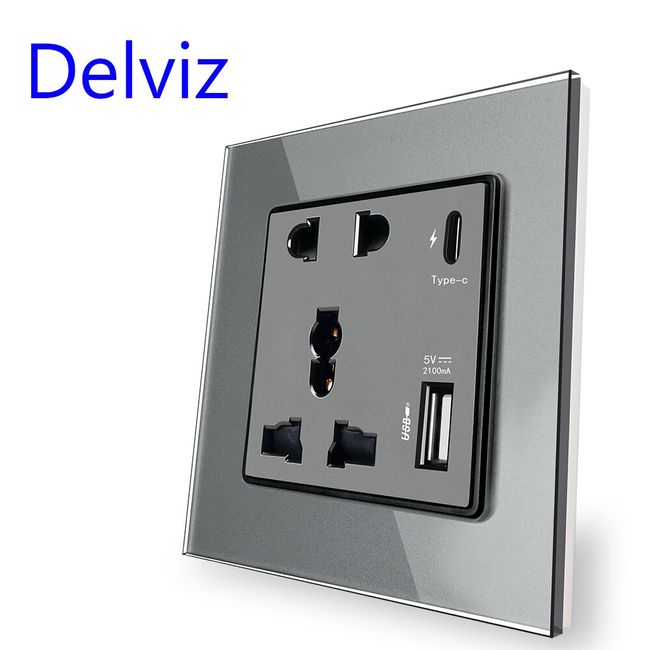 Delviz Power 2100MA USB Outlet, Crystal Glass Panel, 13A Universal jack, 18W 4A Smart Quick Charge, Wall Type C Interface Socket