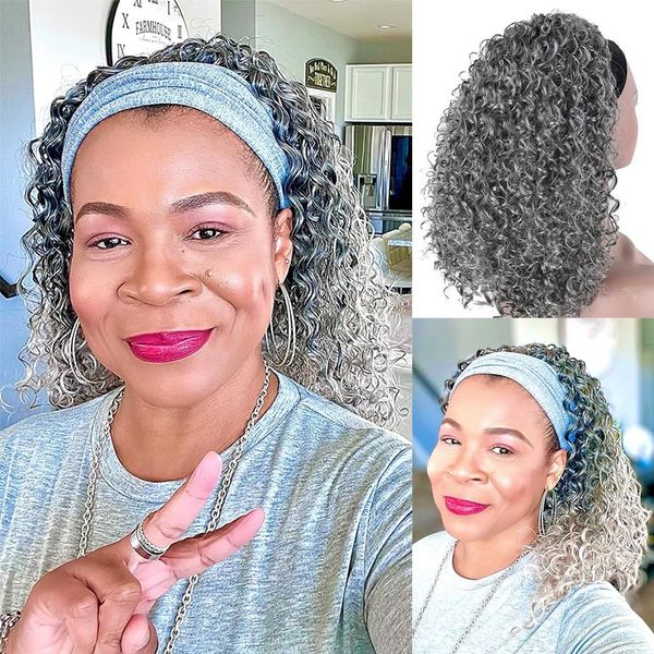 Gusif Grey Headband Wigs for Black Women Short Afro Kinky Curly Headband Synthetic Wig Headband Wig Afro Curly Wave Deep Wave Black Headband Wig Wrap Wig with Headbands Attached Scarf Wig