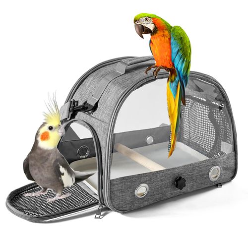 Turchongeco Small Bird Carrier Cage with Standing Perch & Tray Portable & Breathable Pet Travle Transport Carry Bag with Shoulder Strap for Vet Visit & Outdoor Walking (Grey)