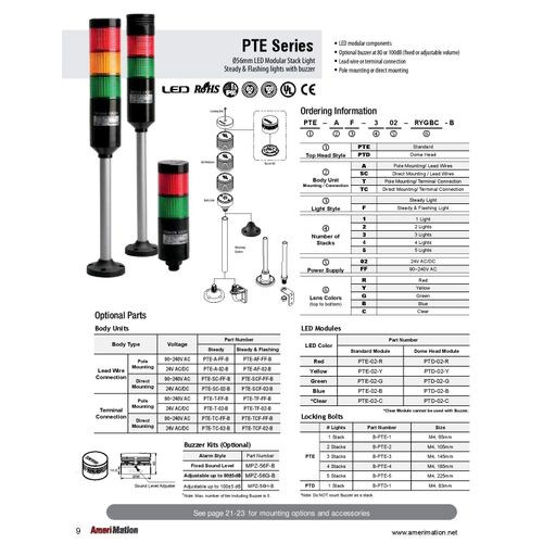 PTE-SC-302-RYG-B, LED Stack Tower Light, 56mm red/Yellow/Green Color 3 Stack Modular, Steady, Direct mounting Black Body, 25" prewired, 24V AC/DC