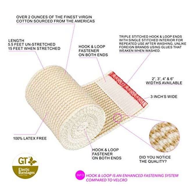 GT USA Organic Cotton Elastic Bandage Wrap (6 Wide, 2 Pack) | Hook & Loop  Fasteners at Both Ends | Latex Free | Hypoallergenic Compression Roll for