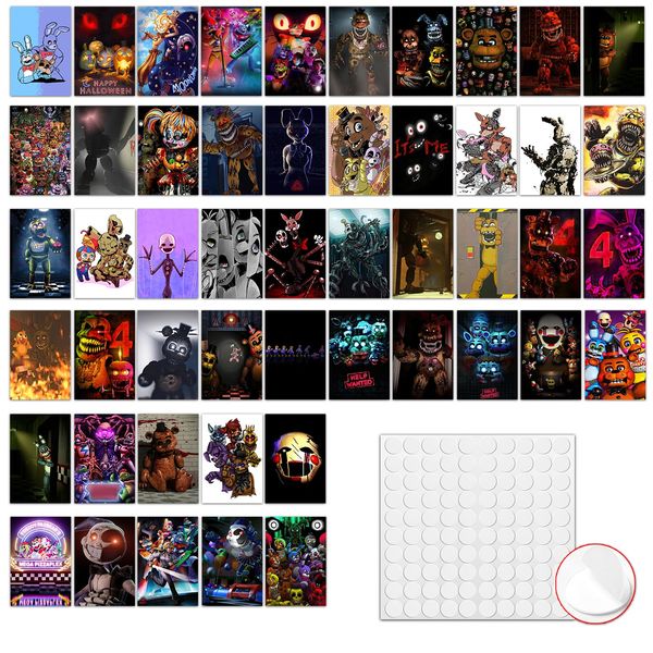 GTOTd FNAF Poster (50Pcs with Wall Collage Kit) 4" x 6", Horror Postcard Gifts Merch Collage Games Pictures Greeting Card HD Printing Poster for Teens Room Club Wall Art Decor