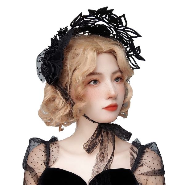 Ylucky Lolita Headband Victorian Bonnet Hat Halloween Cosplay Gothic Maid Lace Hair Accessory Hair Hoop Tea Party Sun Hat