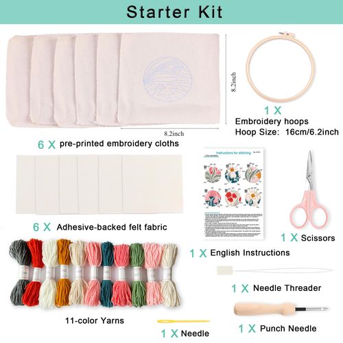 REEWISLY Punch Needle Kits 6pcs for Coaster, 1pc Embroidery Hoop, Essential Punch Needle Supplies,Ideal Punch Art for Beginners,DIY Adults Embroidery, Video Teaching