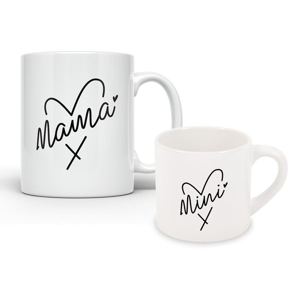 Noble & Page Mama & Mini Mug Set – 11oz Ceramic Mama Mug & 6oz Polymer Mini Mug - Black Script
