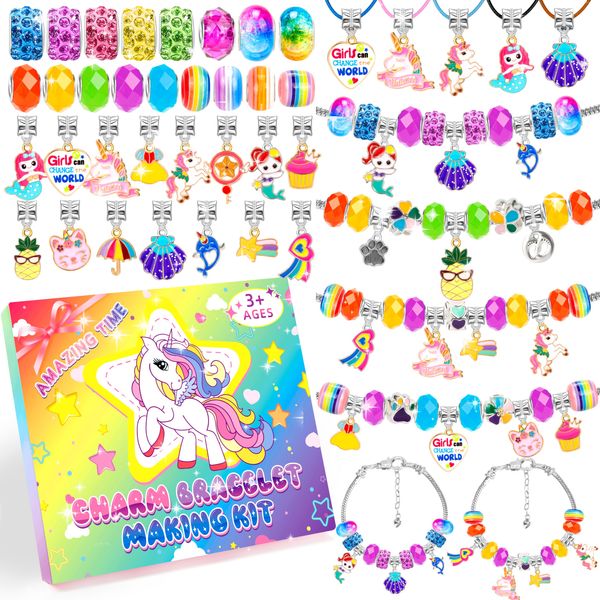 Charm Bracelet Making Kit ,Unicorn Mermaid Toy, Jewelry Beads for Girl Age 8-12, Creativity and Imagination Craft Set for 5 6 7 8 9 10 11 12 Year Old Teenage Birthday Christmas Stocking Gift