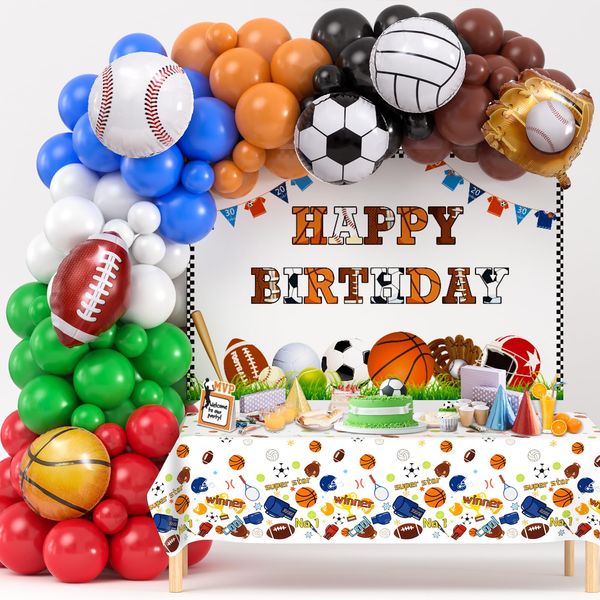 Winrayk 131Pcs Sports Birthday Party Decorations Supplies Sports Balloon Arch Backdrop Tablecloth Trophy Football Soccer Baseball Glove Basketball Volleyball Kids Sports Themed Birthday Party Supplies