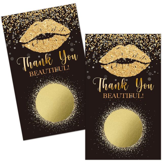 Haizct 50 Pack Thank You Blank Gift Certificate Scratch Off Cards for Small Business, Spa Beauty Makeup Hair Salon, Bridal Shower, Baby Shower, Country Wedding (Golden lip gloss)-GK095