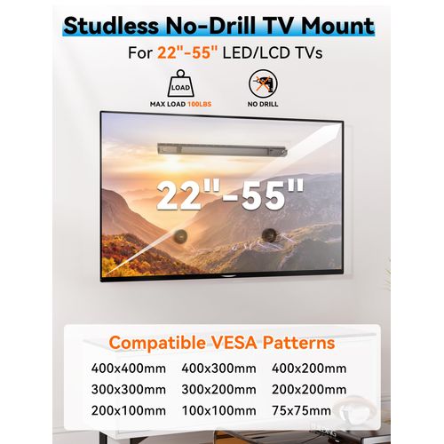 MUAKIOY No Stud TV Wall Mount, No Drill Studless TV Hanger for 22-55 Inch TVs, NO Damage Wall Mount Ultra Slim TVs Bracket, Max VESA 400x400mm, Holds up to 100 lbs (Include All Hardware Levels)