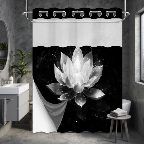 DLTAY Black and Grey Hookless Shower Curtain with Snap in Liner, Light Gray Lotus Flower No Hook Double Layer Shower Curtain and Liner Set, Waterproof Cloth Fabric, 71" W x 74" L (Pack of 1)