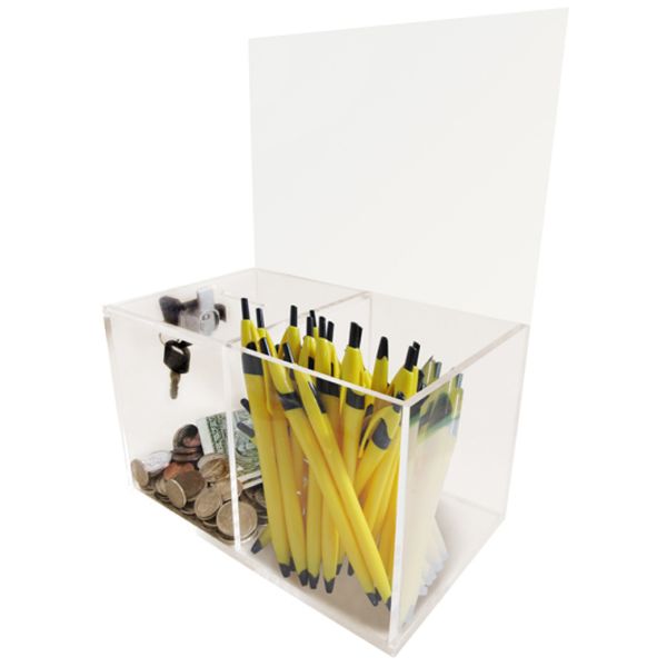 Donation Box - Collection Box - Tip Container - W/Two Compartments One Compartment Locked and Other Open for Give and Take- Great and Amazing for Fundraising Campaigns