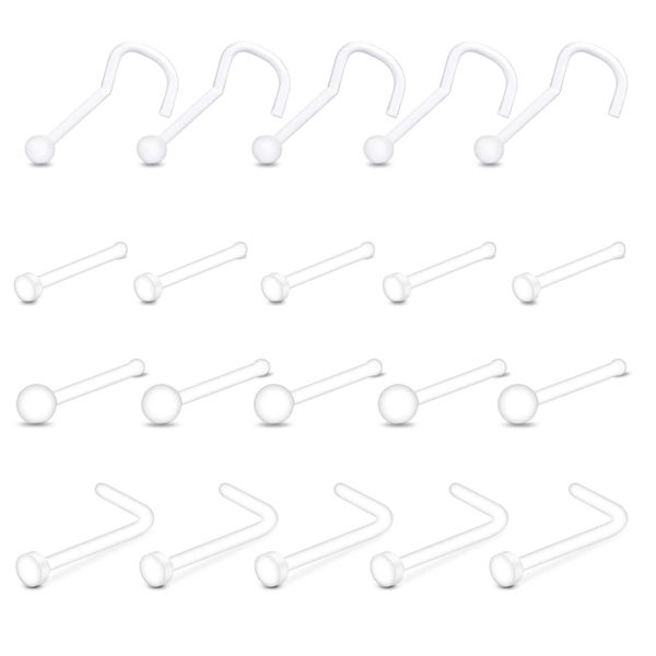 20 Pcs Clear Nose Stud, 4 styles of Acrylic Invisible Bone Studs Retainers for Daily Work Body Piercing