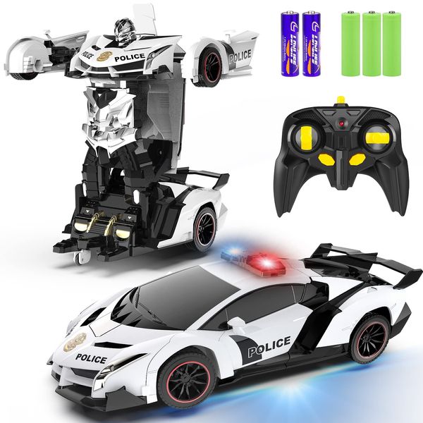 FDJ Remote Control Car - Transform , One Button Deformation to Robot with Flashing Light, 2.4Ghz 1:18 Scale Transforming Police Boys Kids Toys Gift with 360 Degree Rotating Drifting