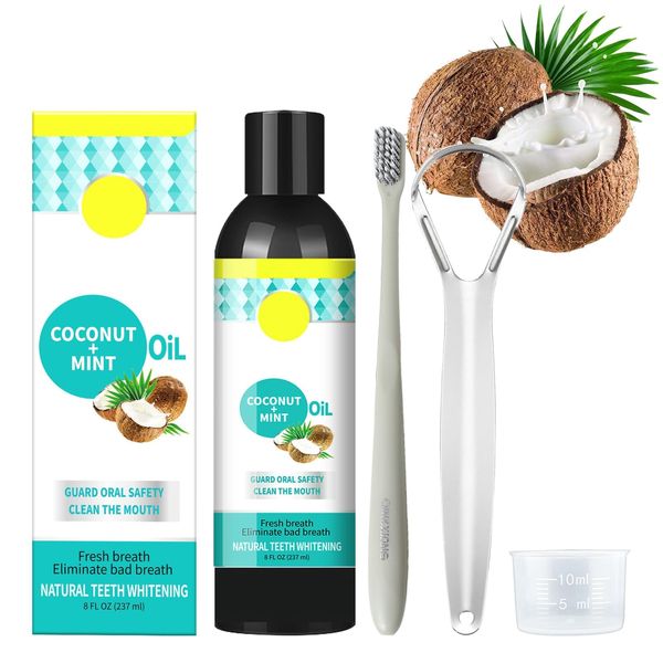 INBOLM Whitening Oil Pulling Coconut Oil(8 Fl.Oz),Coconut Oil Pulling with Tongue Scraper Toothbrush Mouthwash Alcohol Free Teeth Whitening - 237ML