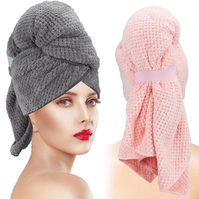 2 Packs Large Microfiber Hair Towels for Women, Super Absorbent & Quick Dry Hair Towel Wrap for Curly Hair Long & Short Hair- Anti-Frizz Hair Turbans for Wet Hair (Gray & Pink) Size- 22''*40'