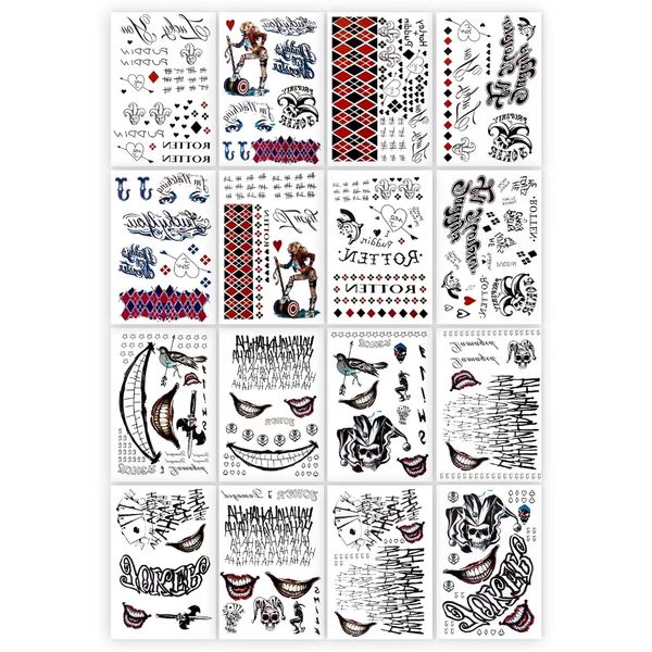 16 Sheets Joker and HQ Tattoos, BASUWU Large-Size Waterproof Halloween Fake Tattoos - All Versions - Look Real and Last Long, Perfect for Men Women Halloween Cosplay Masquerade Party (Joker&HQ, 16PCS)