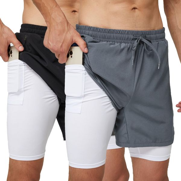 frueo 2er Pack Herren Sport Shorts Laufshorts Schnell Trocknend Sporthose Herren Kurze 2 in 1 Trainingsshorts Leicht mit ReiBverschlusstasche(0609)-Black Grey-M