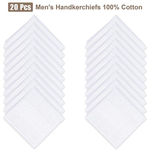 DHOOZ 20 Pcs Cotton Handkerchief, White Handkerchiefs for Men, Men's Handkerchiefs, White Pocket Squares for Men, Hankies, Hanky, Large Mens Handkerchiefs, Suit Handkerchief (100% Soft Cotton Bulk)