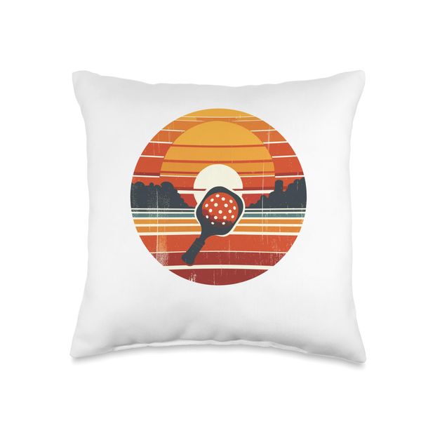 Retro Sunset Pickle Ball Paddle Pickleball Player Throw Pillow
