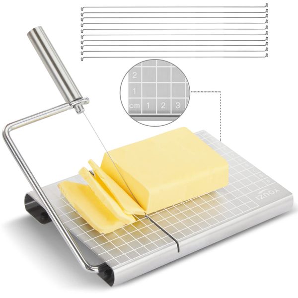 Stainless Steel Cheese Slicer with 10 Replacement Wires, Metal Cheese Cutter and Cutting Board - For Block Cheese