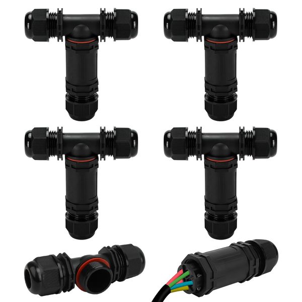 4 Stück Kabelverbinder Wasserdicht IP68, T-Form Verteilerdose Klemmdose Kabelverbinder Wasserdicht 5-polig Erdkabel Verbindungsmuffe für Ø3-15 mm Kabeldurchmesser