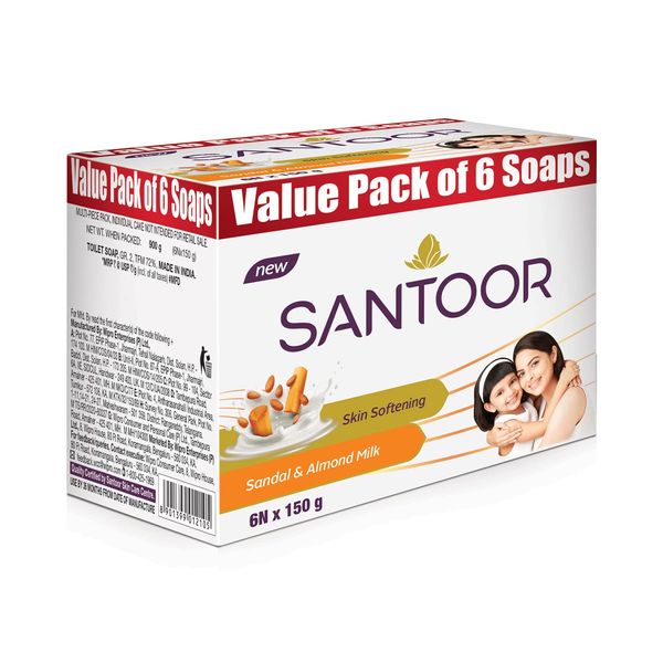 MCSYPOAL Santoor Sandalwood and Almond milk Organic Soft Bath Soap for Softer, Smoother and Moisturised Skin, Combo Offer 150 g pack of 6