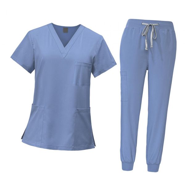 Harilla Peeling-Set für Frauen, Krankenschwester-Arbeitskleidung -Ausschnitt, professionelles maschinenwaschbares Oberteil und Jogginghose, Hellblau, l