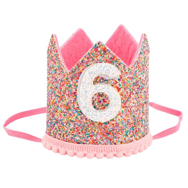 SuPoo 6th Birthday Decorations for Girl Sprinkle 6th Birthday Hat Headband Glitter Birthday Crown for Girls Princess Tiara with Elastic Band 6 Year Old Happy Birthday Party Cap Decorations Supplies