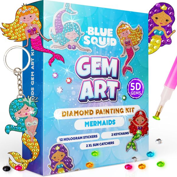 Blue Squid Diamond Art Kits for Kids – Fun & Easy DIY 5D Gem Art Gift Set for Keychains, Stickers, Sun Catchers - Diamond Painting Arts & Crafts Kit for Kids, Girls, Boys Ages 6 7 8 9 10 11 12