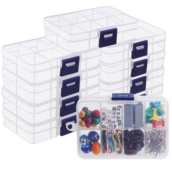 Belle Vous 10 Pack Clear Plastic Bead Storage Organiser Box with Adjustable Dividers - 10.5 x 6.5cm/4.13 x 2.56 Inches - 8 Compartment Grids for Small DIY Art & Crafts Accessories & Jewellery