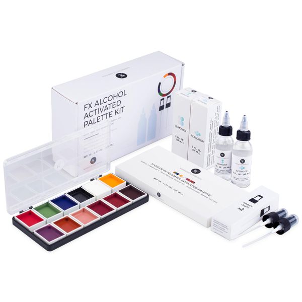 Narrative Cosmetics 12 Color FX Alcohol Activated Makeup Palette Kit - Includes Alcohol Activator and Moisturizing Remover - Waterproof SFX Makeup for Professional Makeup Artists