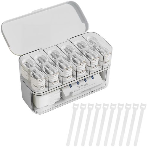 Cable Organizer with 10 Wire Ties, IEMIEBSHA White Cord Holder with 6 Compartments and Drawer, Plastic Electronic Cord Storage Box for Power Cord, Charging Plug, Cosmetics, Jewelry