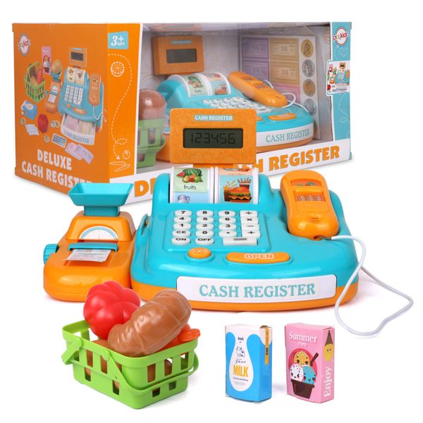 Playkidz Interactive Toy Cash Register for Kids - Sounds & Early Learning Play - Handheld Scanner & Calculator, Working Conveyor Belt