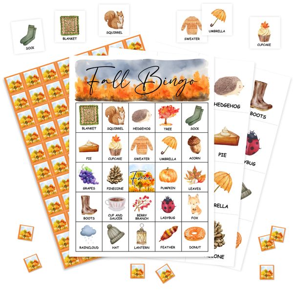 HMJKL Fall Bingo Game, Thanksgiving Party Bingo Cards Set, Autumn Party Birthday Party Bingo Supplies for Adults, Family Friends Activities Favors Decorations for 24 Player, 01