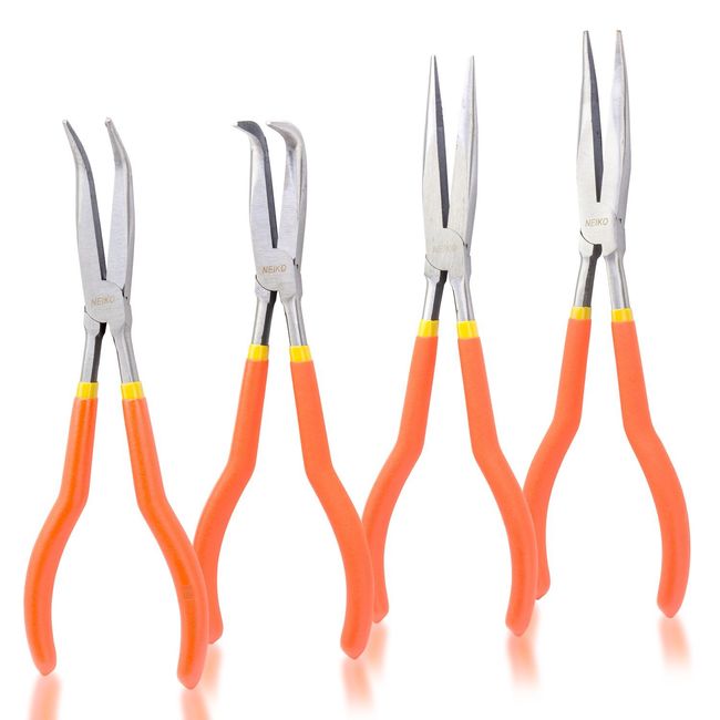 NEIKO 02105A Long Nose Plier | 4 Needle Nose Pliers Set | 11” Long Reach | Straight Angle Curved Pliers | 45 & 90 Degree