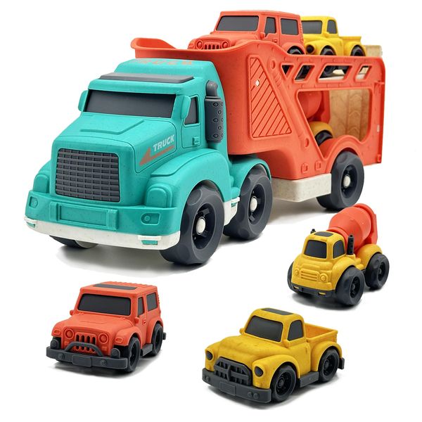 Aigitoy 4 Pcs Toddler Car Toys for 2 3 4 5 Years Old, Carrier Truck 3 in 1 Transport Pickup Truck, Mixer Cement,SUV Toy Car, Christmas Birthday Gifts for Kids Toys Boys Girls,Sand Toys