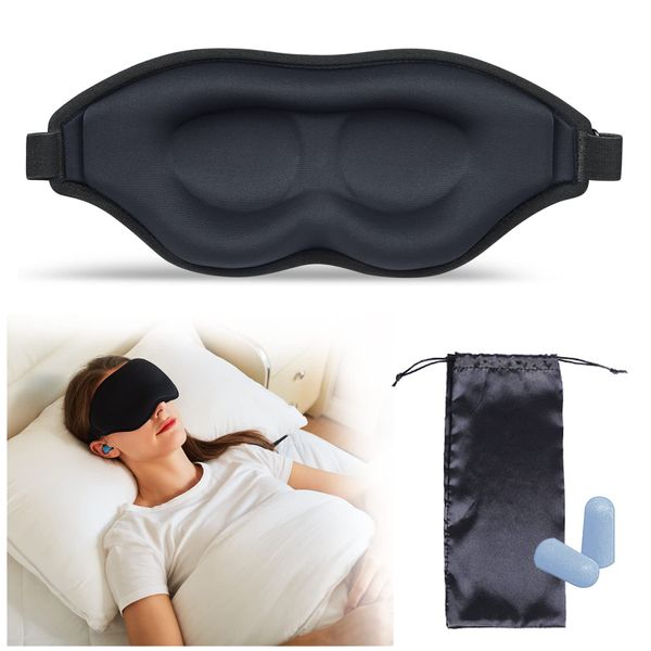 Eye Mask for Sleeping, Unisex, 3-Piece Set, Free Adjustment, Lightweight, Soft, Silk Texture, Perfect for Napping, Napping, Travel, Eye Mask, Ear Mask, Storage Bag (Black)