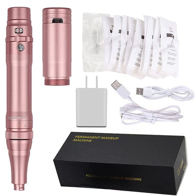 Permanent Makeup Rotary Tattoo Machine Eyebrow Pen Machine with 10PCS Needles For Eyebrows,Lips,Eyeliners B950b (Rose Gold)