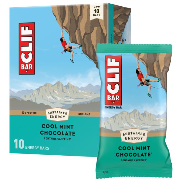 CLIF BAR - Cool Mint Chocolate with Caffeine - Made with Organic Oats - 10g Protein - Non-GMO - Plant Based - Energy Bars - 2.4 oz. (10 Pack)